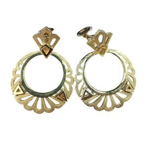 Vintage Trifari Gold Patterned Circular Statement Dangling Earrings